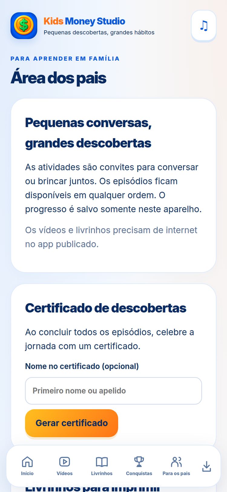 Área dos pais — tela do aplicativo
