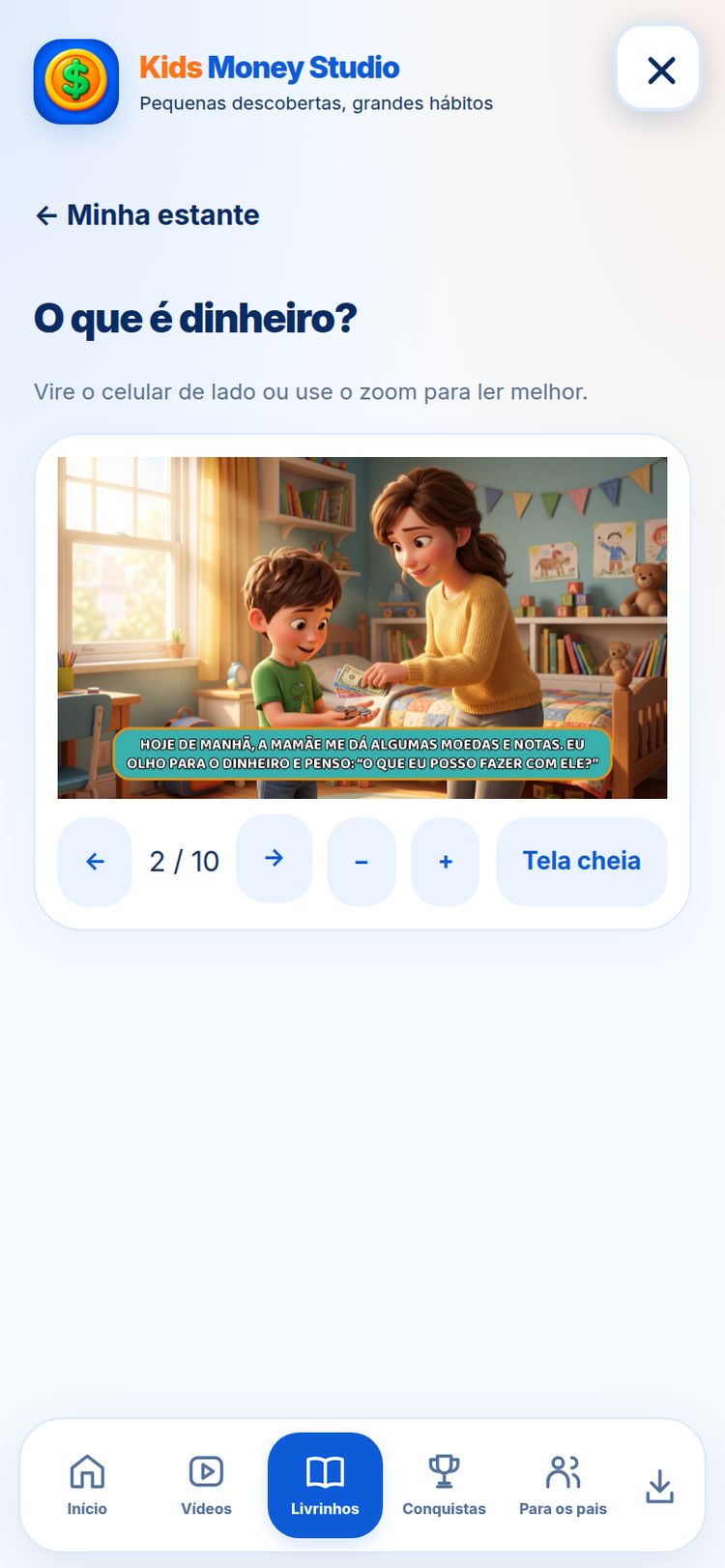 Livrinhos ilustrados — tela do aplicativo