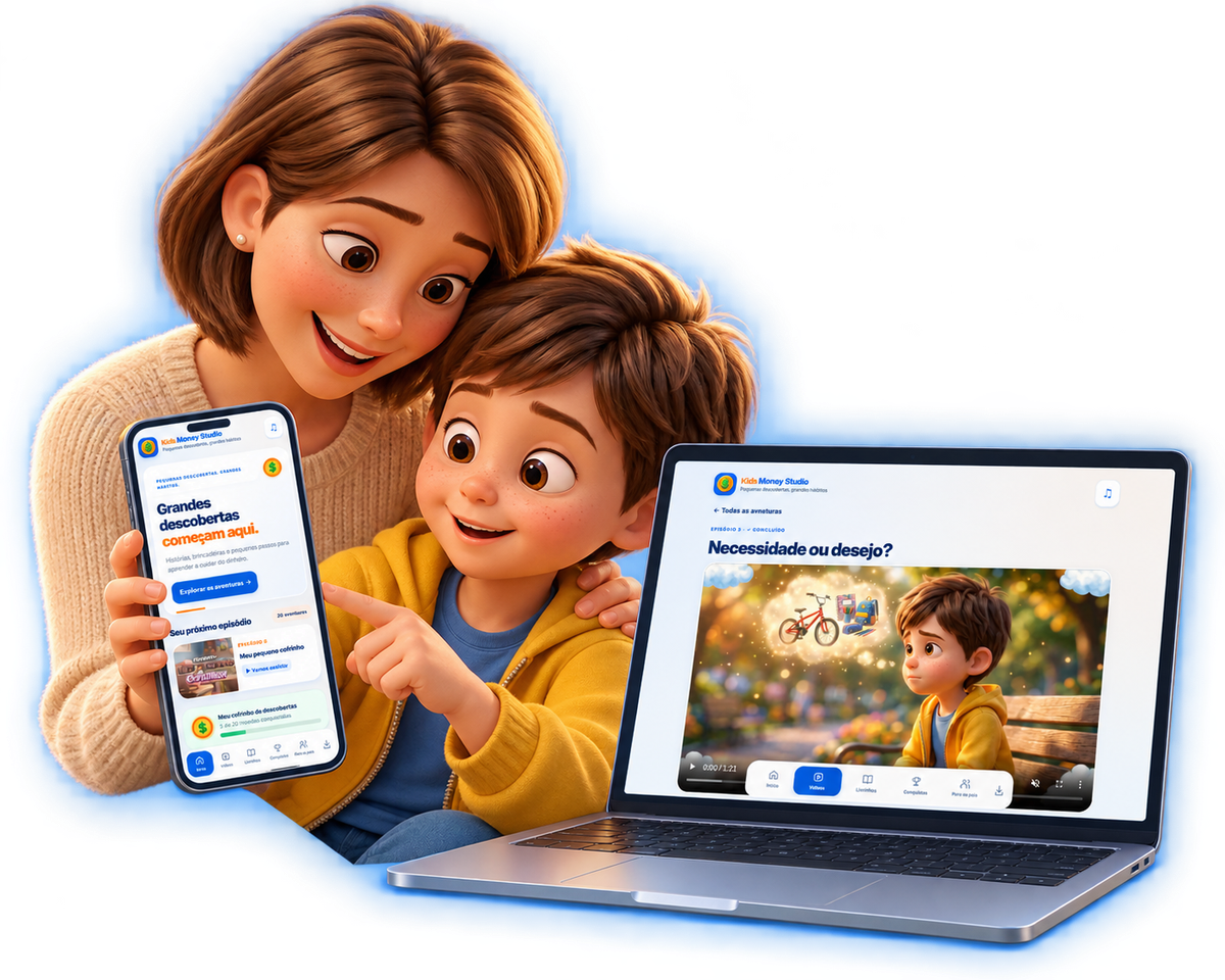 Cena de um episódio com mãe e filho e o aplicativo Kids Money Studio no notebook e no celular